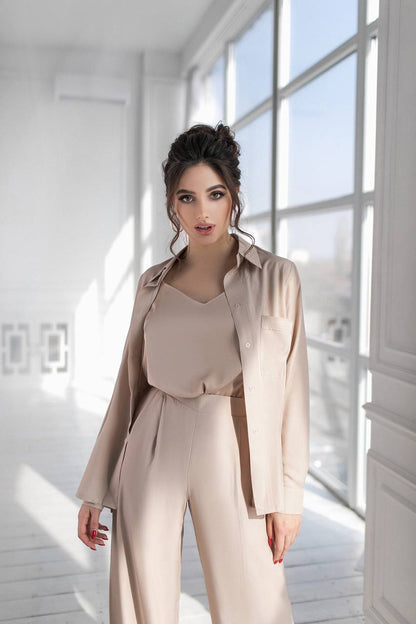 Womens Viscose Twill Suit Shirt and Elastic Waistband Pants