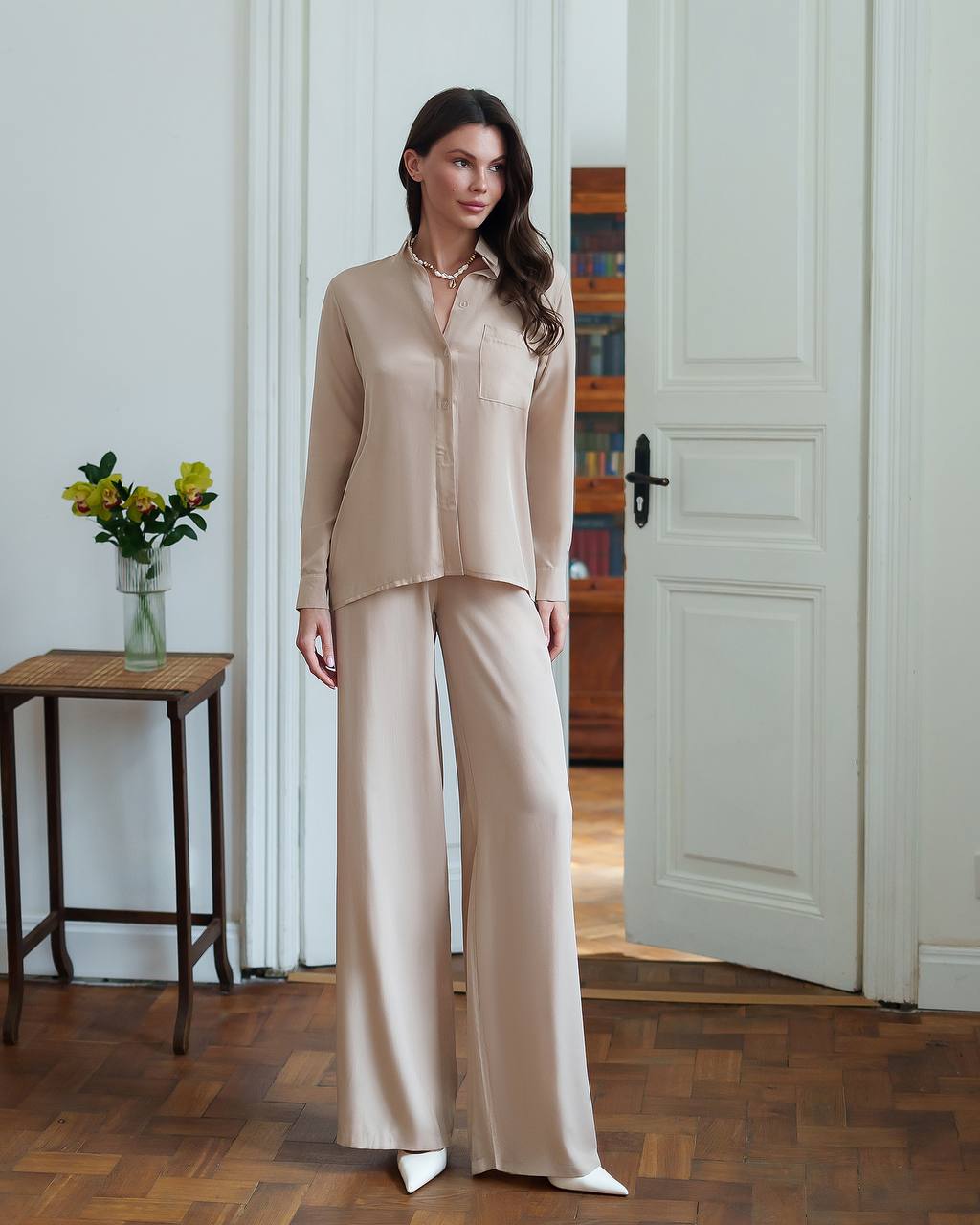 Womens Viscose Twill Suit Shirt and Elastic Waistband Pants