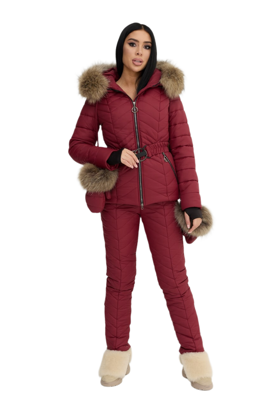 Womens Burgundy Winter Warm Ski Suit with Siliconized Fiber and Natural Raccoon Fur