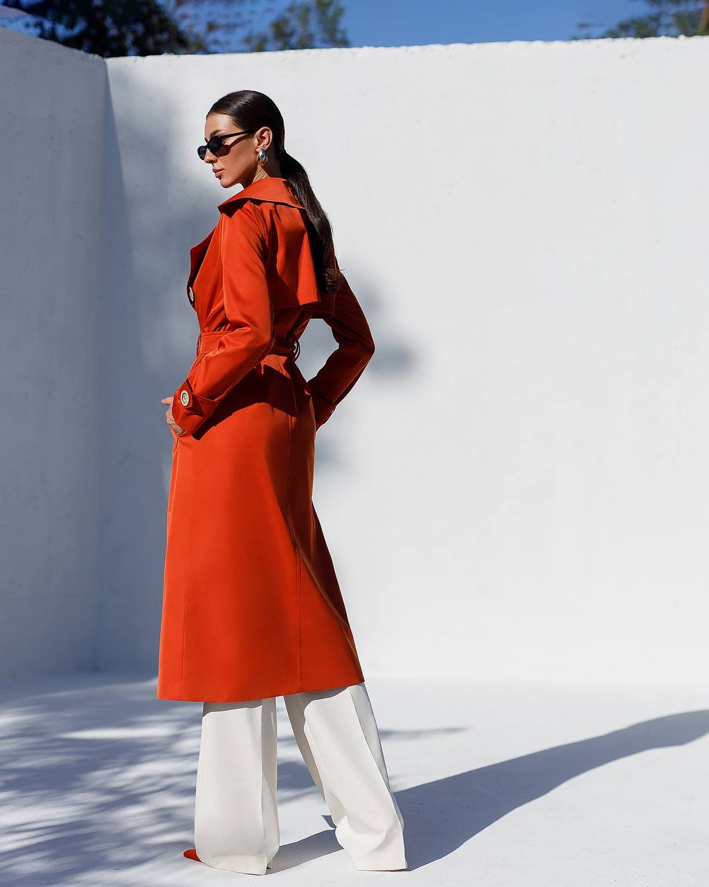 Stylish Red Trench Coat with Pockets and Belt for Women's Fashion