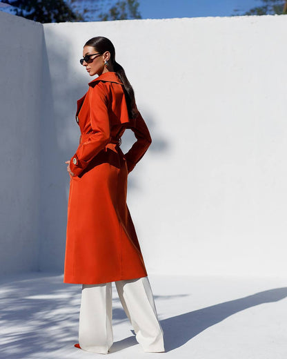 Stylish Red Trench Coat with Pockets and Belt for Women's Fashion