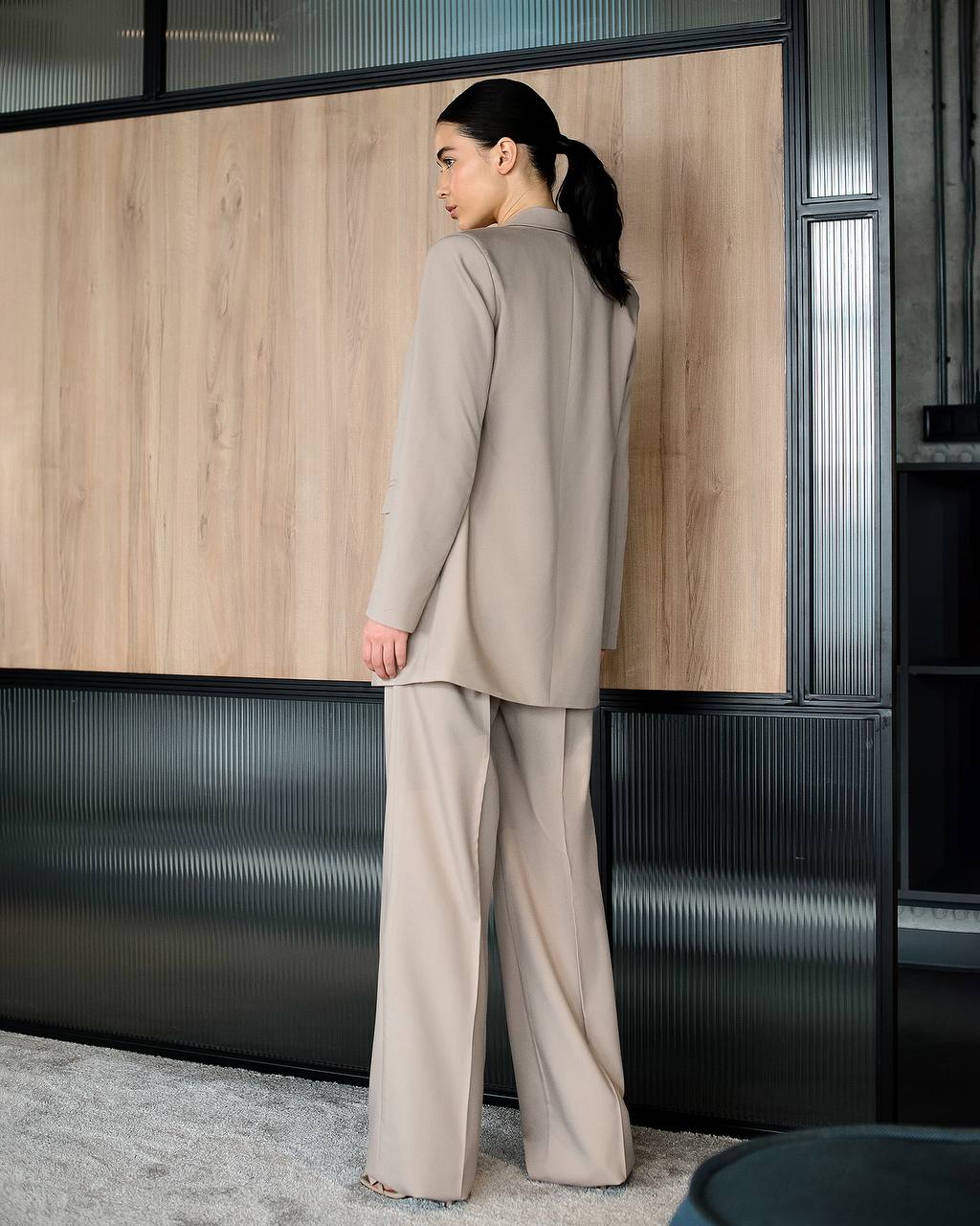 Womens Polished Tiar Lux Fabric Suit Beige Jacket and Pants