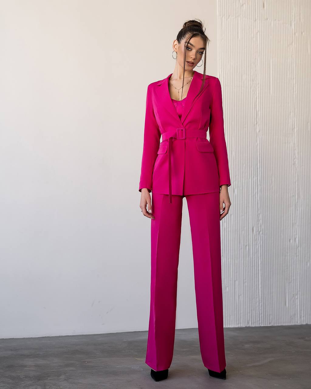 Womens Tailored Blazer and Wide Leg Trouser Suit in Diagonal Suiting Crepe