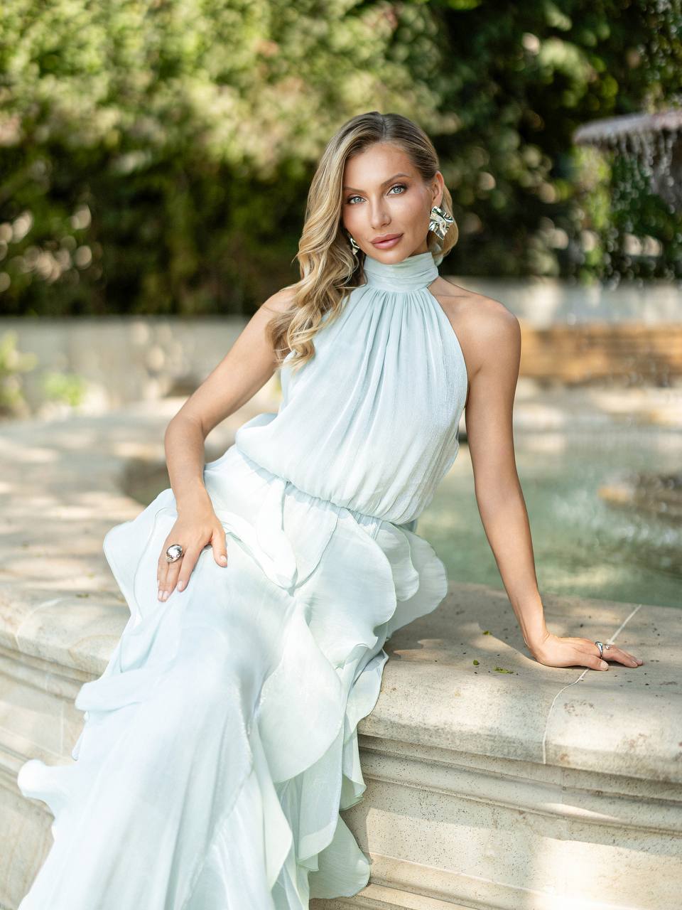 Organza Halter Neck Ruffle Gown Evening Dress