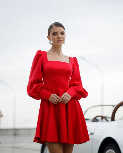 Royal Mango Satin Mini Dress with Puff Sleeves for Women