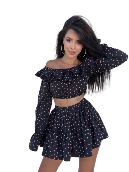 Womens Ruffle Polka Dot Suit Top and Skirt-Shorts Printed Soft Fabric