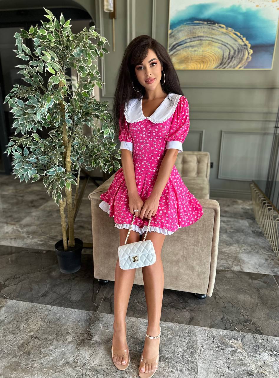 Woman in a pink dress with white collar and trim standing in a room with a plant and furniture.