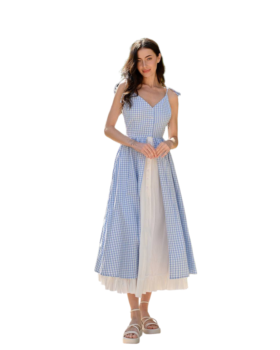 Cotton Checked Sundress with Crinkled Batiste Lining for Women