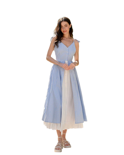 Cotton Checked Sundress with Crinkled Batiste Lining for Women