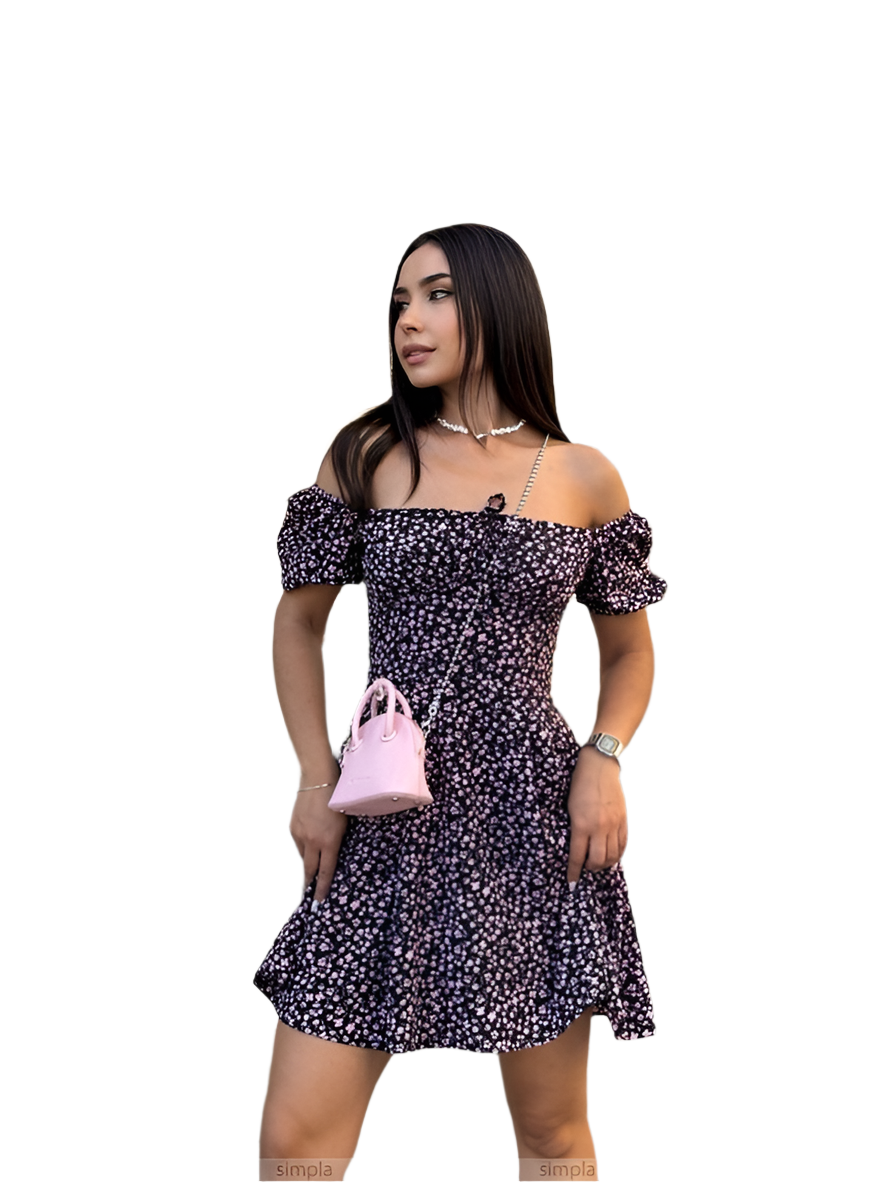 Off-Shoulder Floral Mini Dress with Adjustable Waist and Elastic Sleeves