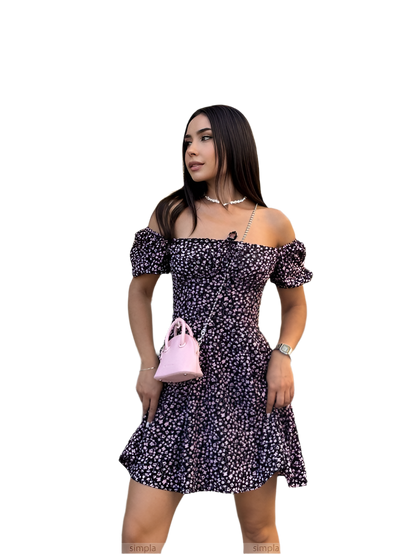 Off-Shoulder Floral Mini Dress with Adjustable Waist and Elastic Sleeves