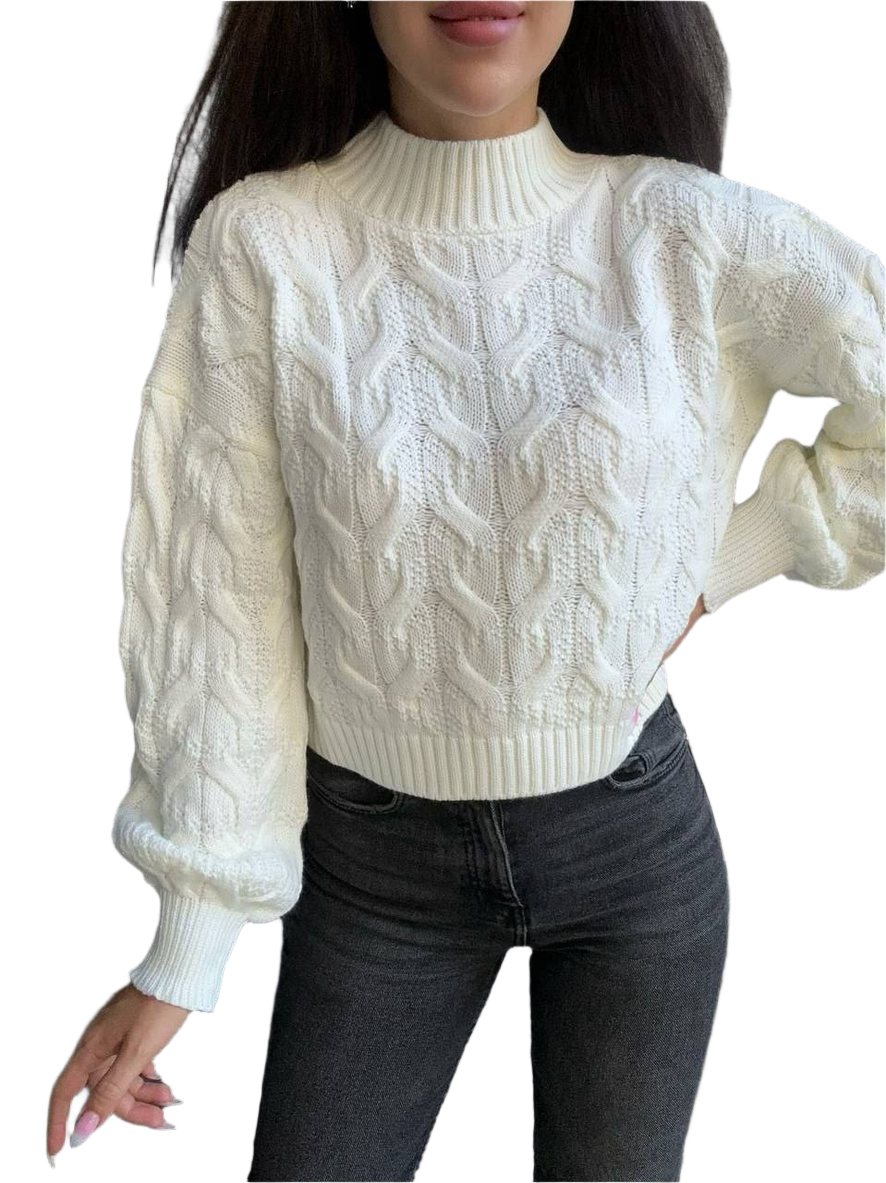Short Cable Knit Sweater for Women in White