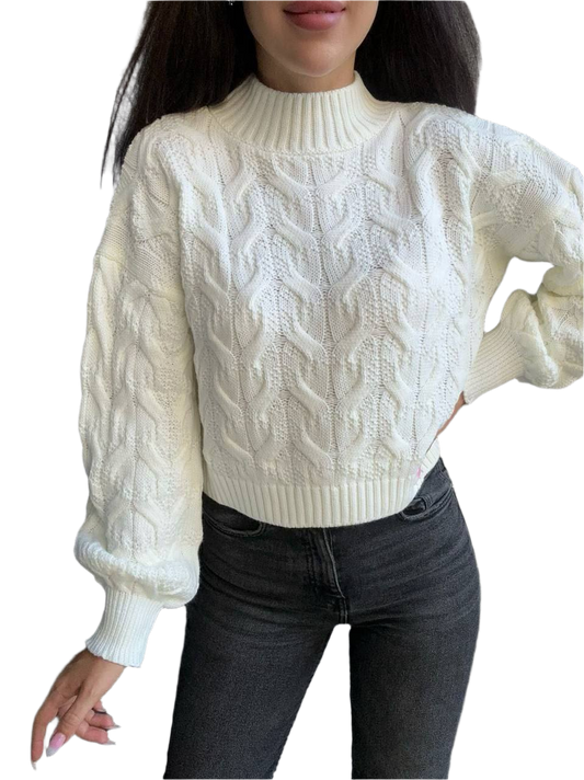 Short Cable Knit Sweater for Women in White