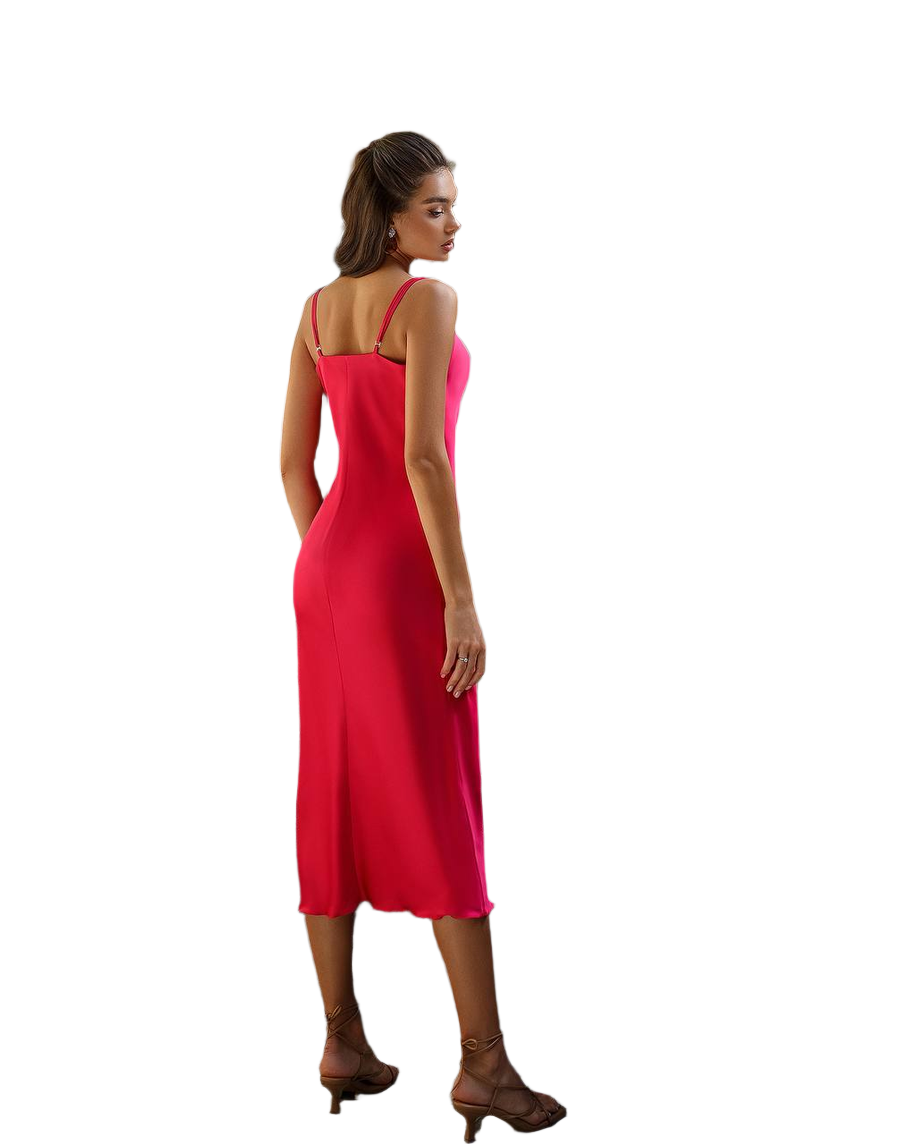 Woman wearing a red dress on a white background