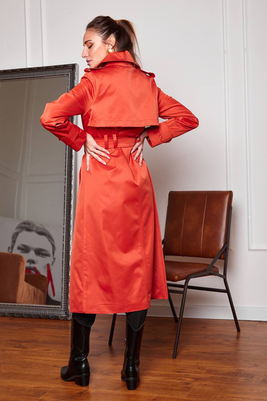 Stylish Red Trench Coat with Pockets and Belt for Women's Fashion