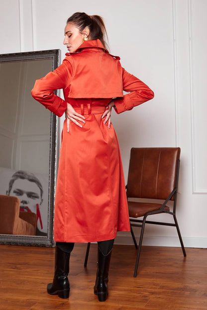 Stylish Red Trench Coat with Pockets and Belt for Women's Fashion