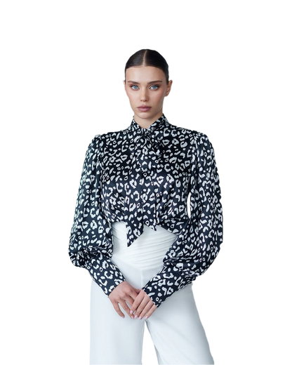 Womens Satin Printed Blouse with Tie Neck in Black White Leo