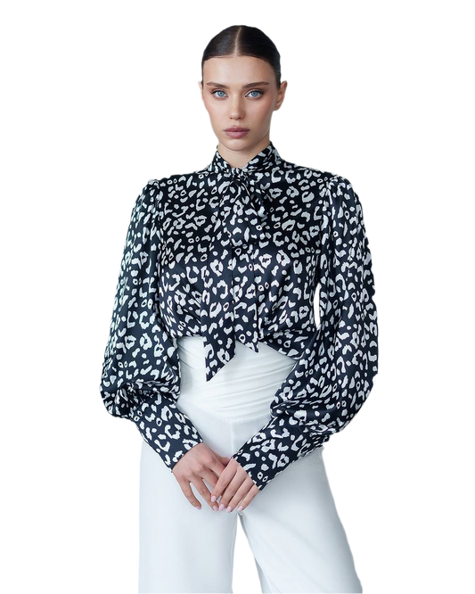 Womens Satin Printed Blouse with Tie Neck in Black White Leo