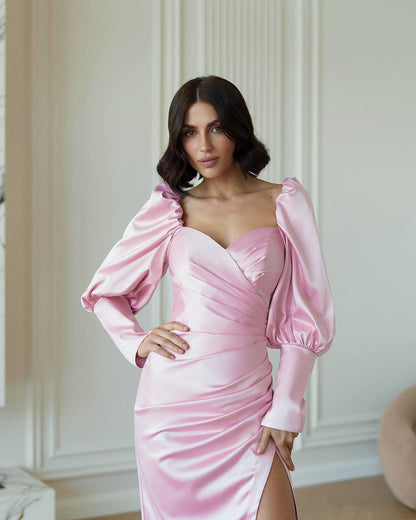 Elegant Pink Satin Midi Dress with Puff Sleeves and Side Slit