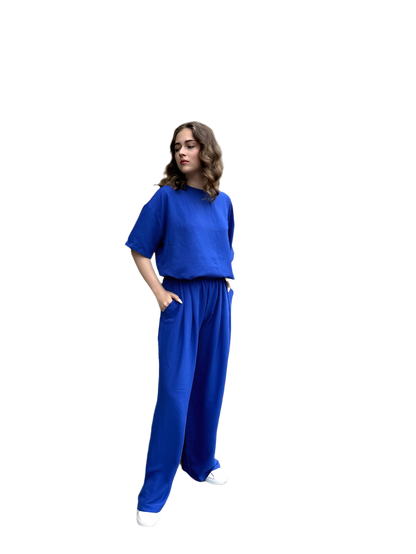 Womens Stylish Blue Wide Leg Culottes and Loose Fit Top Set