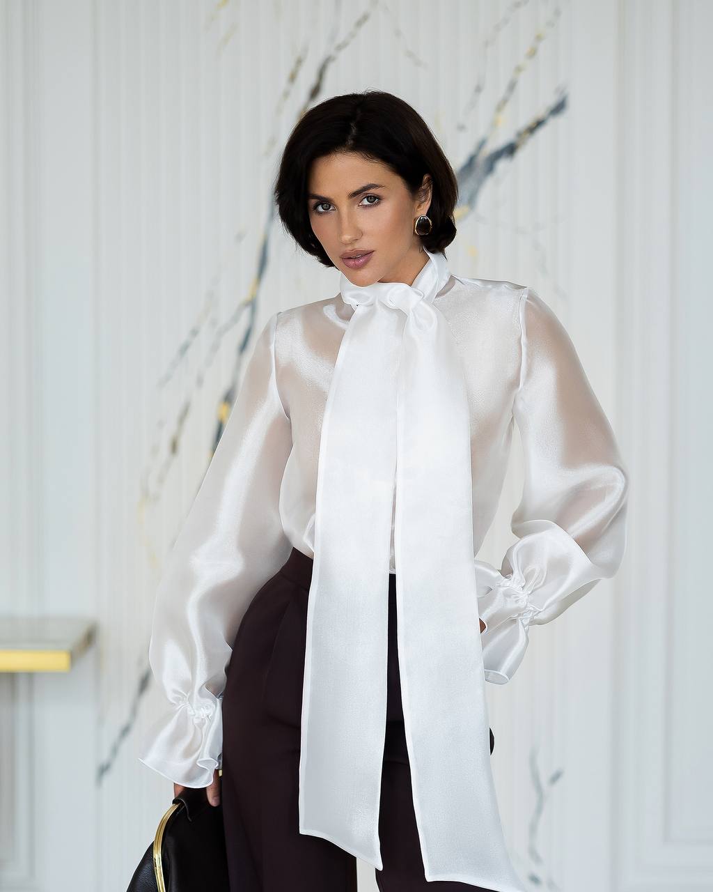 Womens Satin Finish Tie Neck Blouse with Voluminous Sleeves