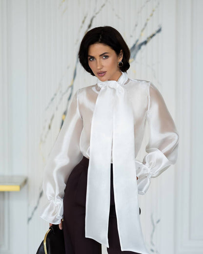 Womens Satin Finish Tie Neck Blouse with Voluminous Sleeves