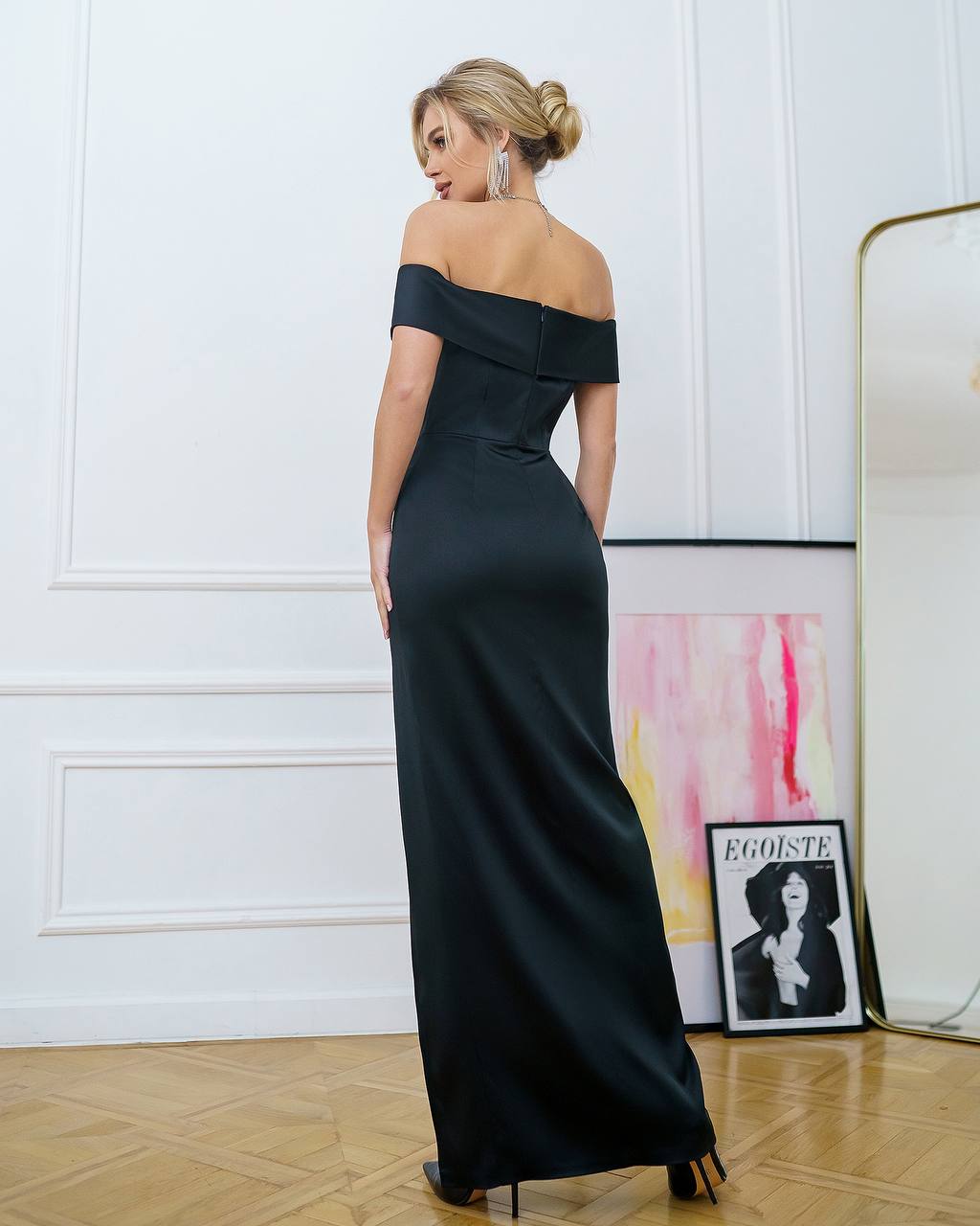 Elegant Women's Off Shoulder Maxi Dress with Side Slit in Black
