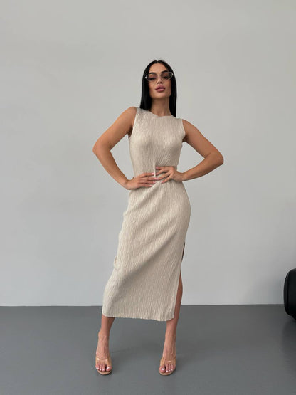 Sleeveless Beige Textured Midi Dress with Side Slit for Women