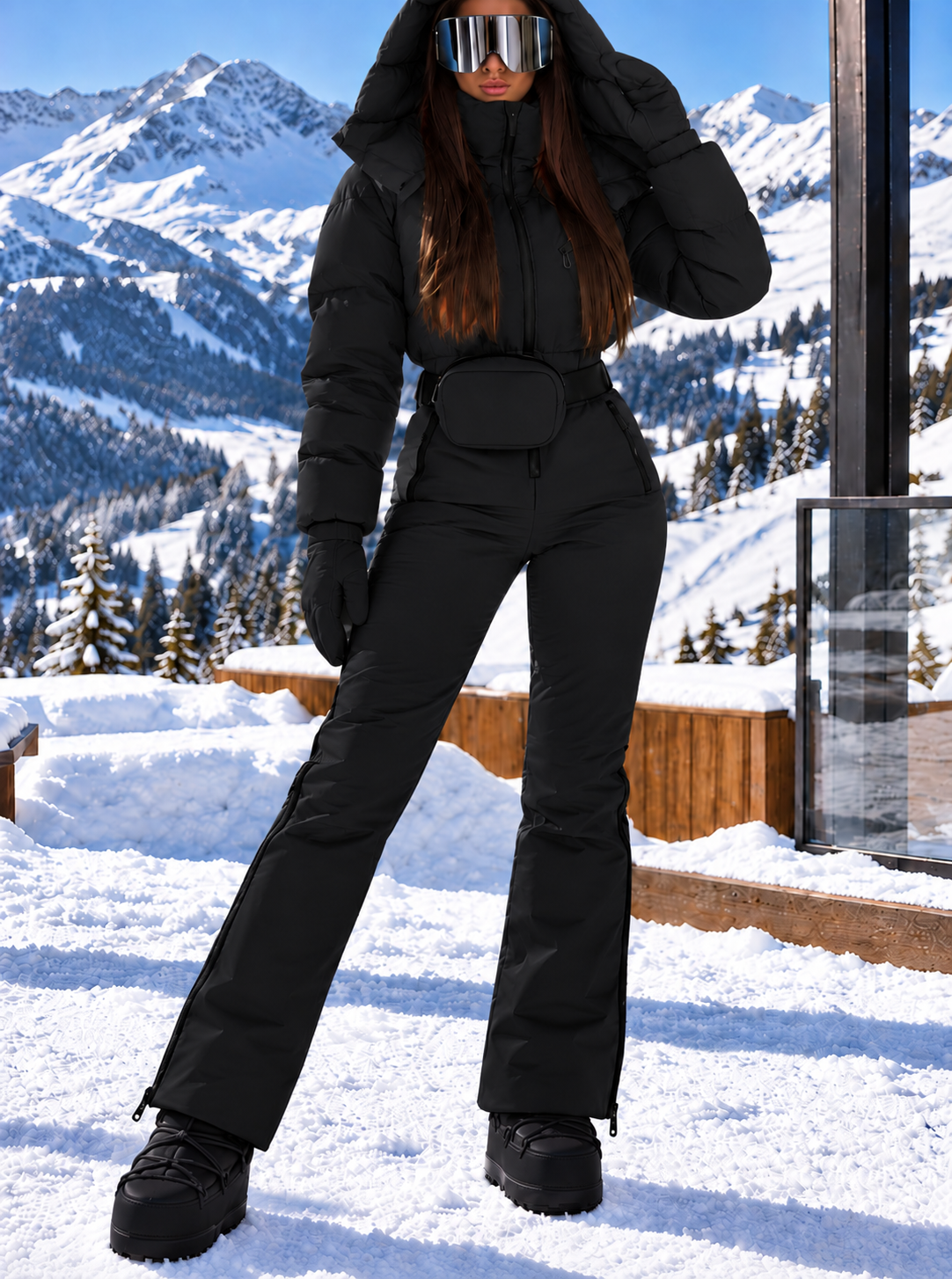 Women's Black Ski Jumpsuit – Premium Insulated One-Piece Snowsuit with Puffer Jacket Top, Fitted Ski Pants and Matching Waist Bag