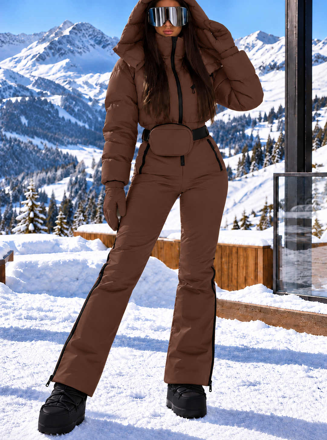 Women's Chocolate Brown Ski Jumpsuit – Premium Insulated One-Piece Snowsuit with Puffer Jacket Top, Fitted Ski Pants and Matching Waist Bag