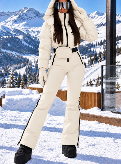 Women's Milky White Ski Jumpsuit – Premium Insulated One-Piece Snowsuit with Puffer Jacket Top, Fitted Ski Pants and Matching Waist Bag