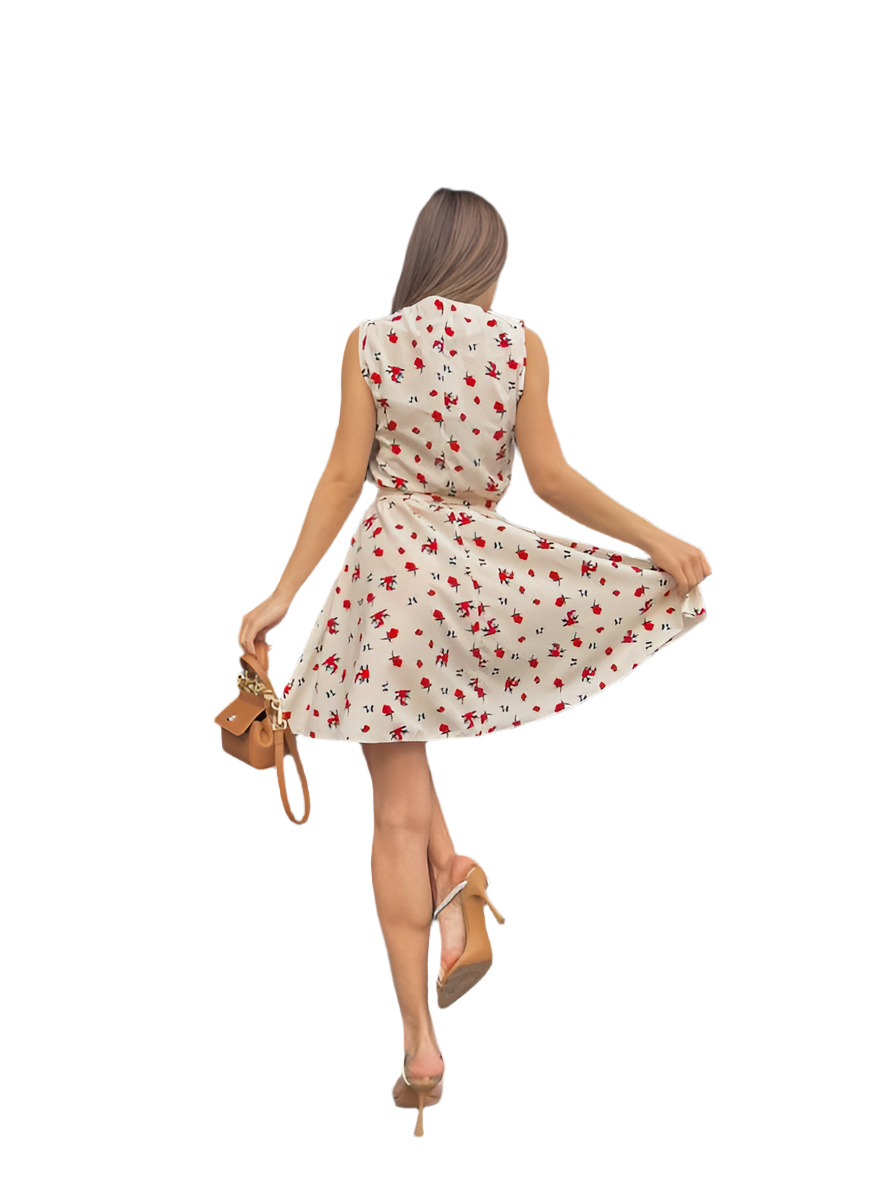 Woman in a floral dress posing on a white background