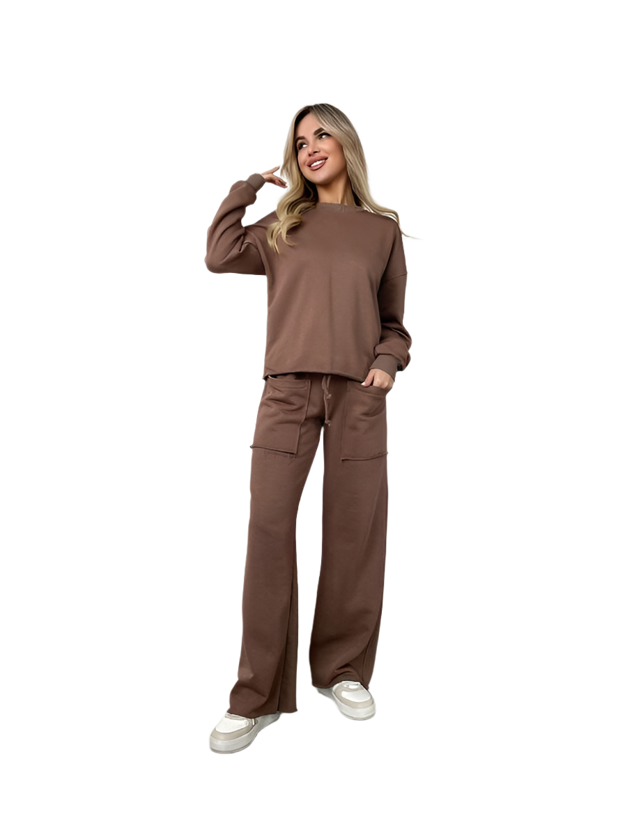 Casual Brown Sweatshirt and High-Waisted Pants Set