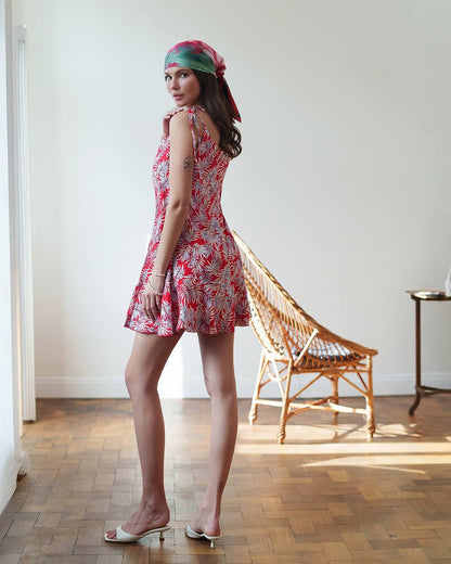 Printed Linen Sundress Women Summer Red Leaf Print