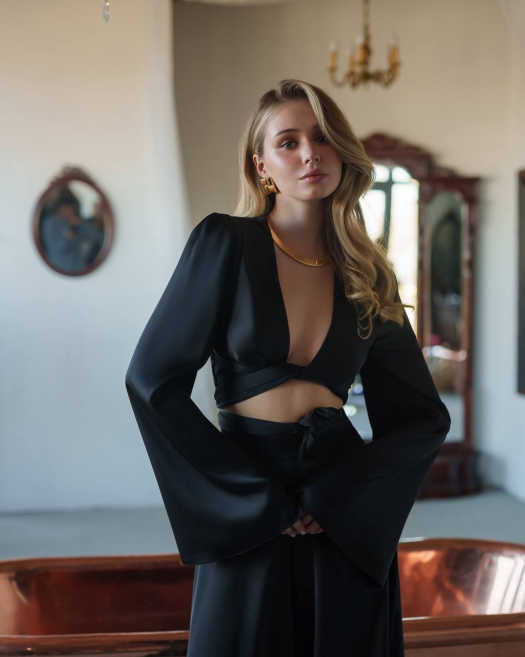 Elegant Women Suit Set with Wide Leg Satin Pants and Wrap Top