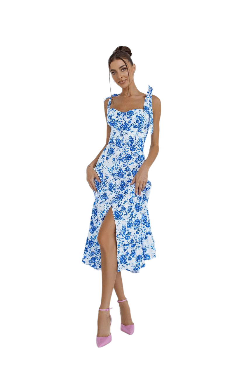 Natural Linen Sundress with Blue Rose Print for Women