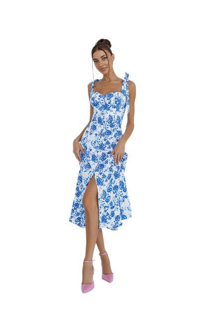 Natural Linen Sundress with Blue Rose Print for Women