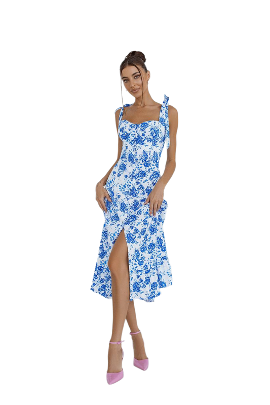 Natural Linen Sundress with Blue Rose Print for Women