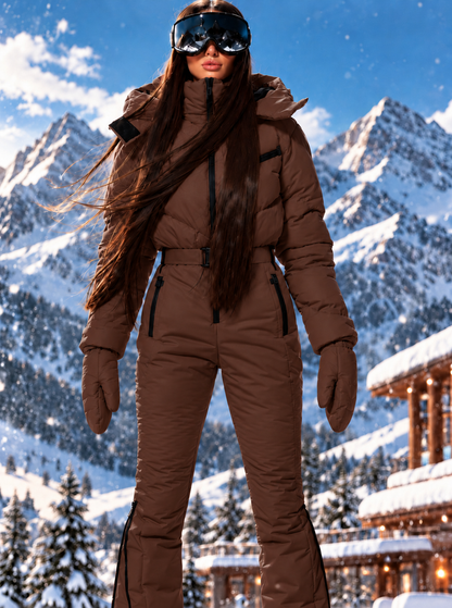 Women's Chocolate Brown Ski Jumpsuit – Premium Insulated One-Piece Snowsuit with Puffer Jacket Top, Fitted Ski Pants and Matching Waist Bag