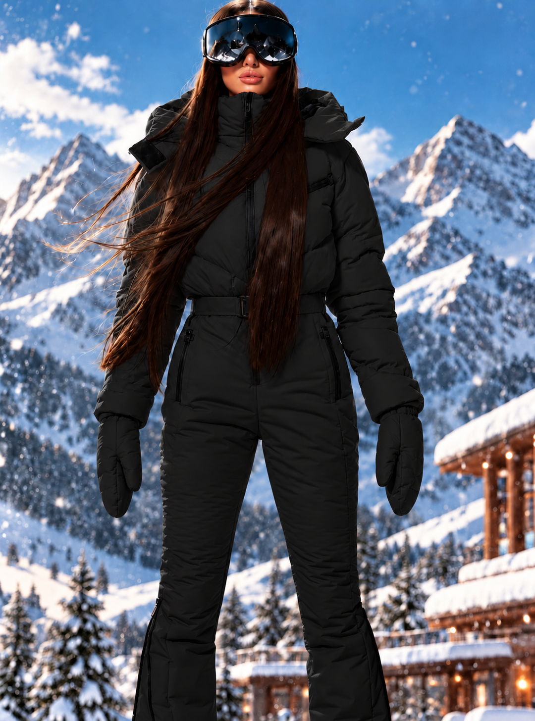 Women's Black Ski Jumpsuit – Premium Insulated One-Piece Snowsuit with Puffer Jacket Top, Fitted Ski Pants and Matching Waist Bag
