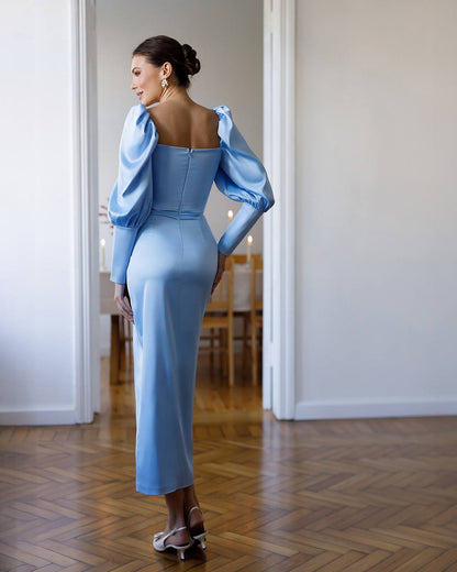 Elegant Royal Mango Satin Midi Dress for Women with Puff Sleeves and Side Slit