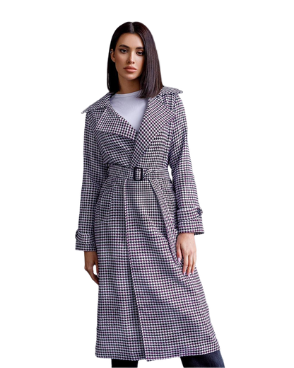 Womens Turkish Fabric Houndstooth Pattern Coat Long Trench Style Belted