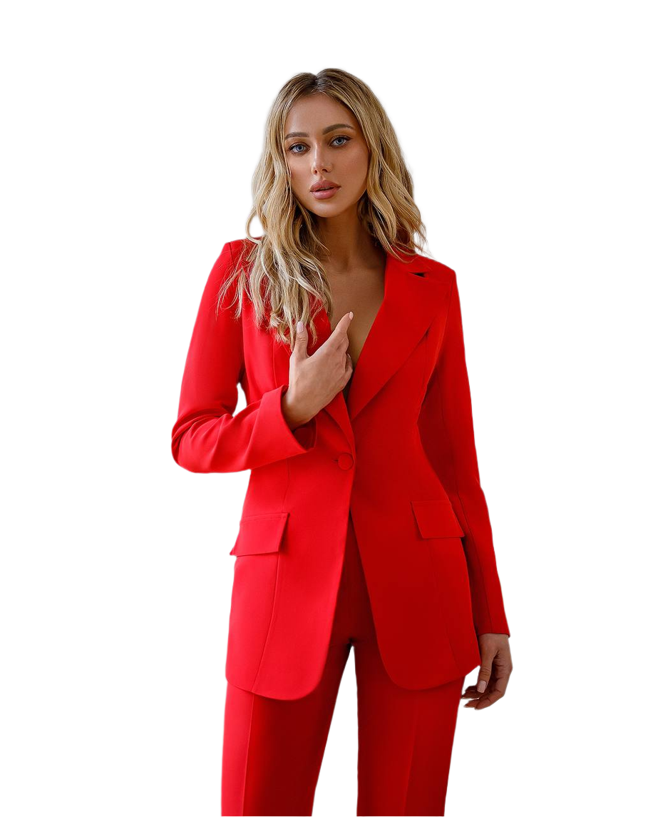 Woman wearing a red suit on a white background