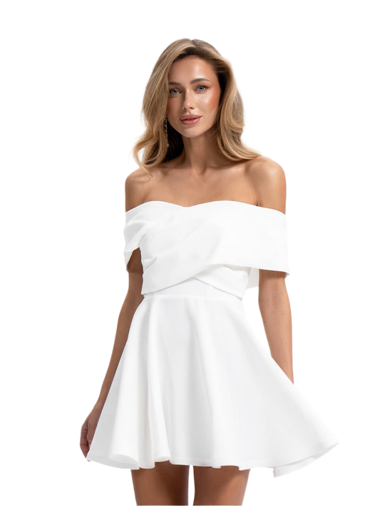 White Off Shoulder Short Dress in Diagonal Crepe Fabric