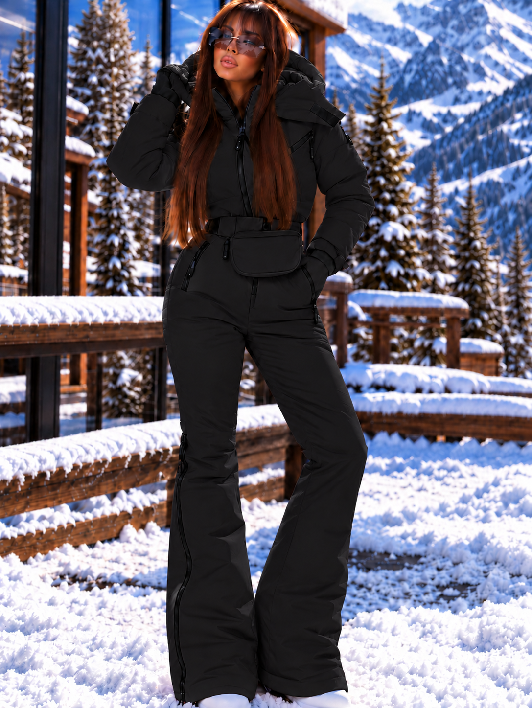 Women's Black Ski Jumpsuit – Premium Insulated One-Piece Snowsuit with Puffer Jacket Top, Fitted Ski Pants and Matching Waist Bag