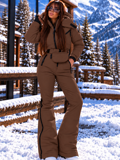 Women's Chocolate Brown Ski Jumpsuit – Premium Insulated One-Piece Snowsuit with Puffer Jacket Top, Fitted Ski Pants and Matching Waist Bag