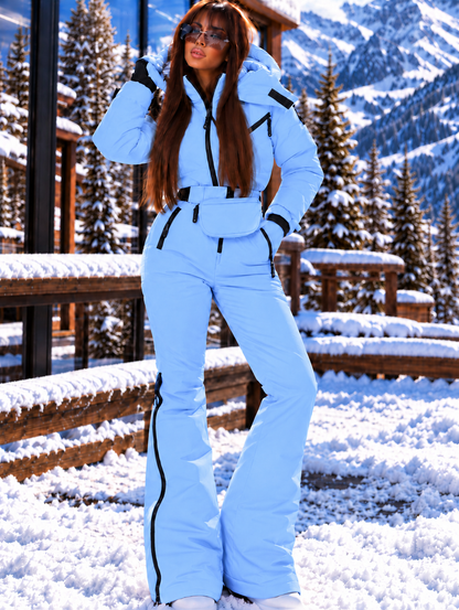 Women's Light Blue Ski Jumpsuit – Premium Insulated One-Piece Snowsuit with Puffer Jacket Top, Fitted Ski Pants and Matching Waist Bag