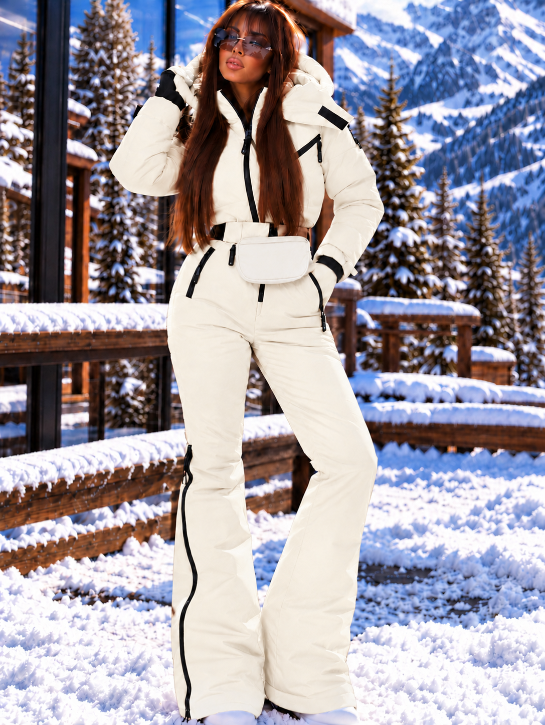 Women's Milky White Ski Jumpsuit – Premium Insulated One-Piece Snowsuit with Puffer Jacket Top, Fitted Ski Pants and Matching Waist Bag