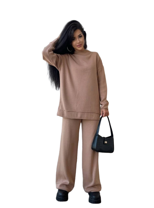 Mateo Women's Knitted Suit Two-Piece Set in Black and Caramel