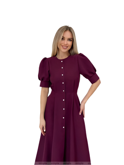 Elegant Burgundy Midi Dress with Puff Sleeves and Button Front
